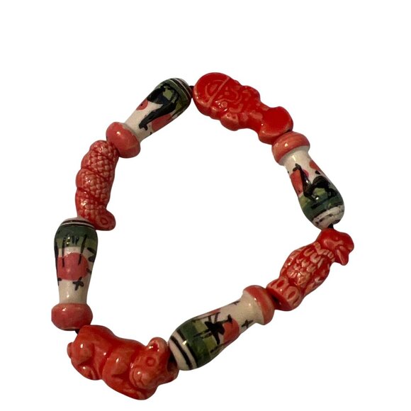 Vintage Ceramic Painted Bead Stretch Bracelets Set Of 2 Handpainted - Picture 2 of 5